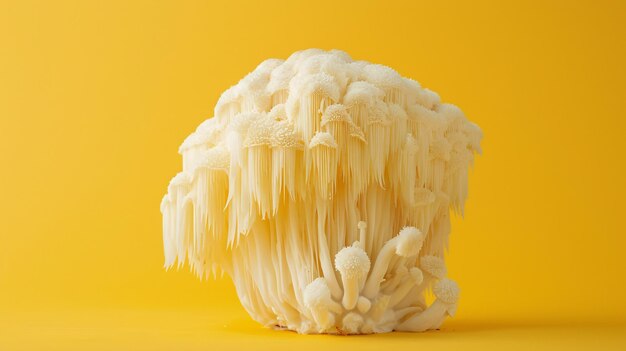 Photo fresh lions mane fungus against a golden backdrop