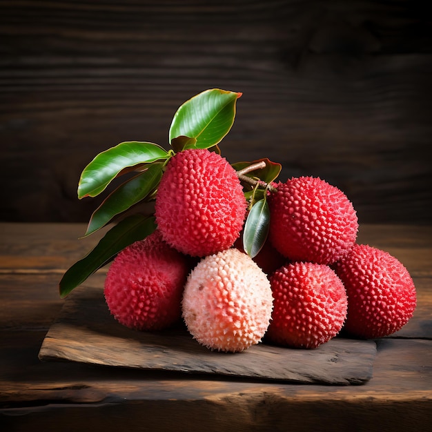 Fresh litchi fruits in old rustic wooden background