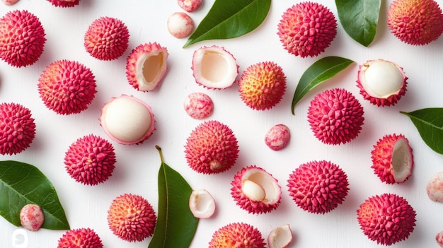 Photo fresh litchis flat lay colorful whole and peeled fruits on white background