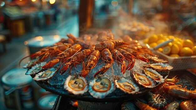 Fresh lobsters and shellfish on ice display with lemons in a bustling market ambiance