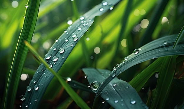 Fresh lush green grass on meadow with drops of water dew Closeup macro Created with generative AI tools