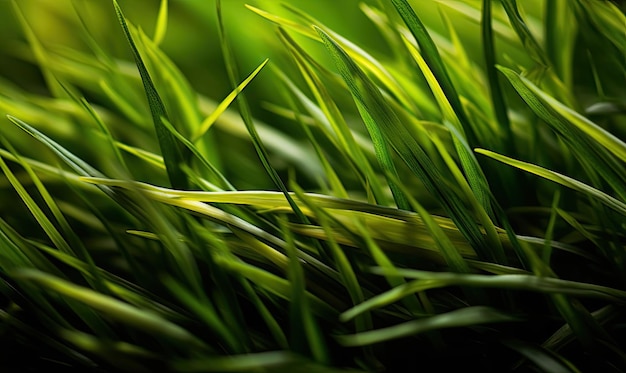 Fresh lush green grass on meadow with drops of water dew Closeup macro Created with generative AI tools