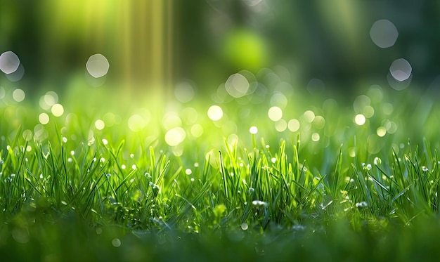 Fresh lush green grass on meadow with drops of water dew Closeup macroFor banner postcard book illustration card Created with generative AI tools