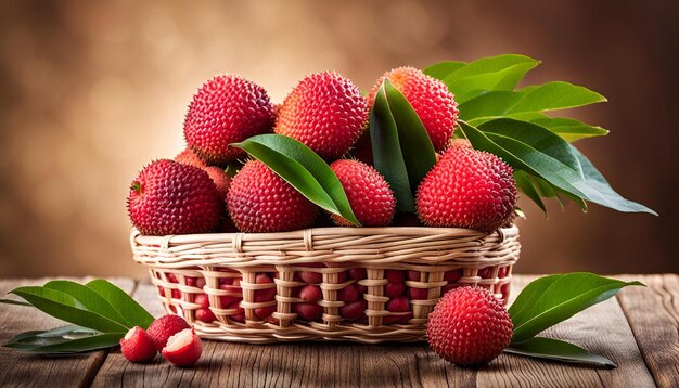 Fresh lychee with green leaves in a basket