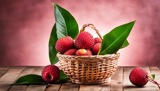 Fresh lychee with green leaves in a basket