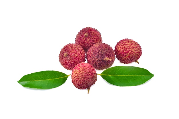 Fresh lychee with leaves isolated on white