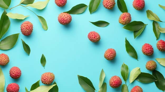 Photo fresh lychees with green leaves falling on light blue background