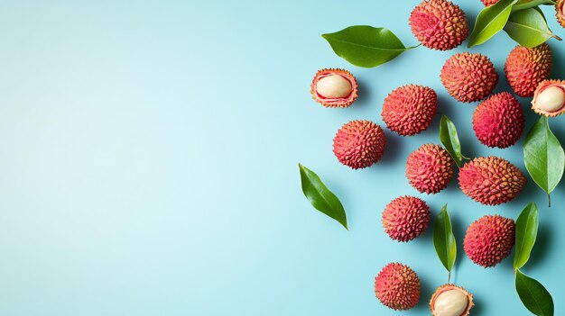 Photo fresh lychees with green leaves falling on light blue background