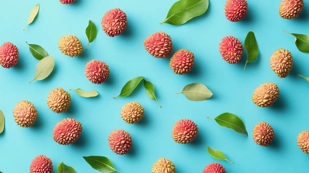 Photo fresh lychees with green leaves falling on light blue background