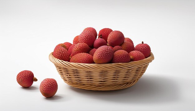 Photo fresh lychees in a woven basket on white background