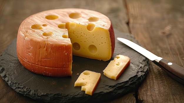 Fresh Maasdam cheese with holes and knife on dark stone plate on wooden background