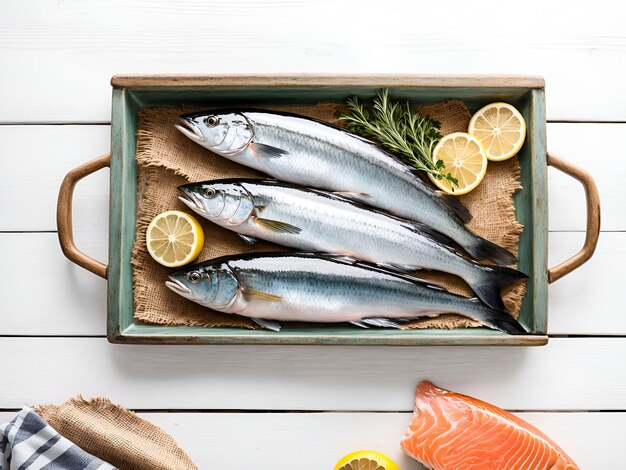 Photo fresh mackerel fish neatly arranged in a wooden tray