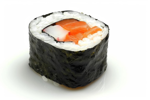 Fresh maki sushi roll with salmon and avocado on white background vibrant and delicious perfect f