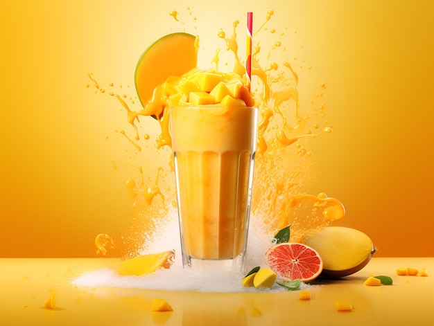 Fresh mango drink with a splash of mango cocktail on deep yellow background copy space Mango smoothie in high glass with sliced mango fruit juice splash Creamy tropical drink mango margarita AI