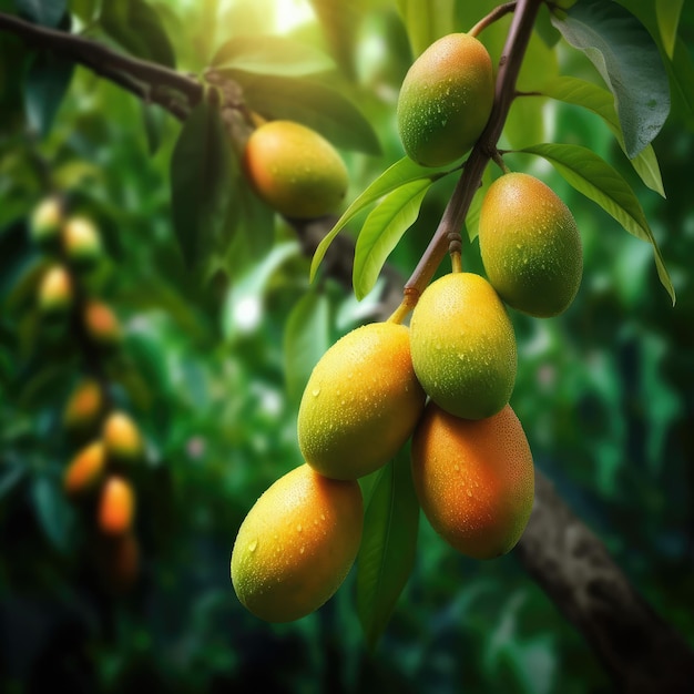 Fresh mango fruit flying in studio background restaurant and garden background