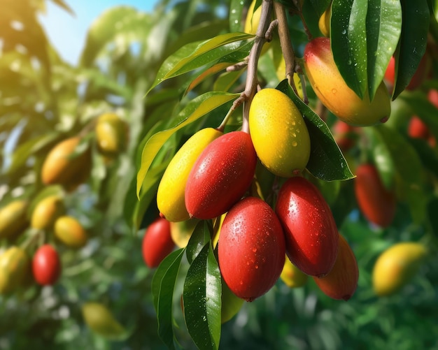 Fresh mango fruit flying in studio background restaurant and garden background