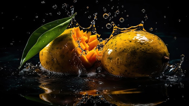 Fresh Mango hit by splashes of water with black blur background