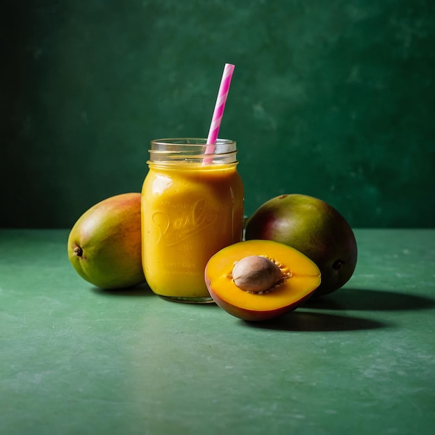 Fresh mango juice in a glass Mason jar and mango on a vintage background