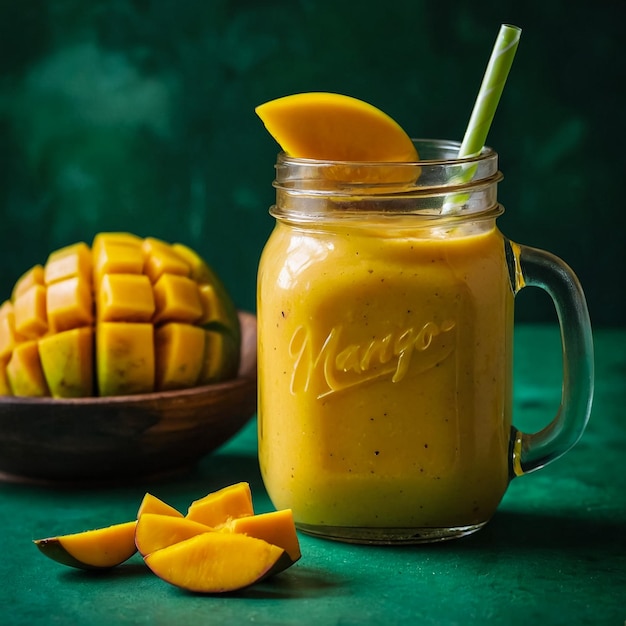 Fresh mango juice in a glass Mason jar and mango on a vintage background