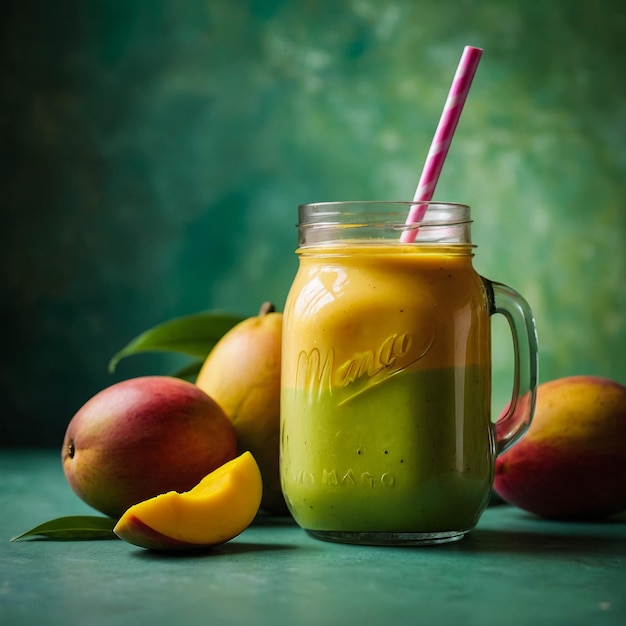 Fresh mango juice in a glass Mason jar and mango on a vintage background