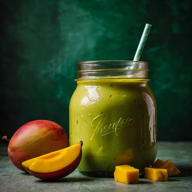 Fresh mango juice in a glass Mason jar and mango on a vintage background