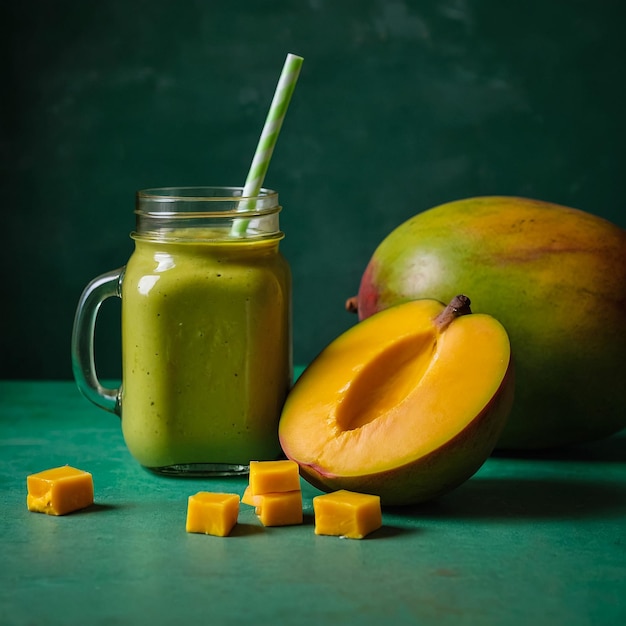 Fresh mango juice in a glass Mason jar and mango on a vintage background