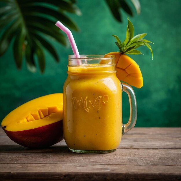 Fresh mango juice in a glass Mason jar and mango on a vintage background