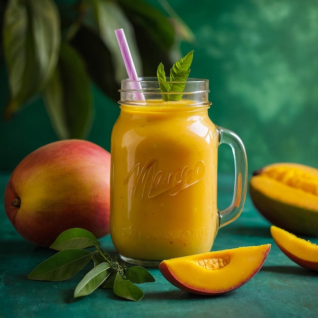 Fresh mango juice in a glass Mason jar and mango on a vintage background