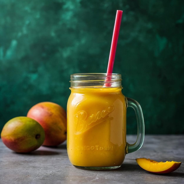 Fresh mango juice in a glass Mason jar and mango on a vintage background