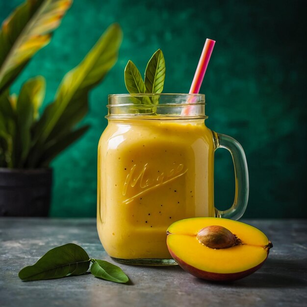 Fresh mango juice in a glass Mason jar and mango on a vintage background