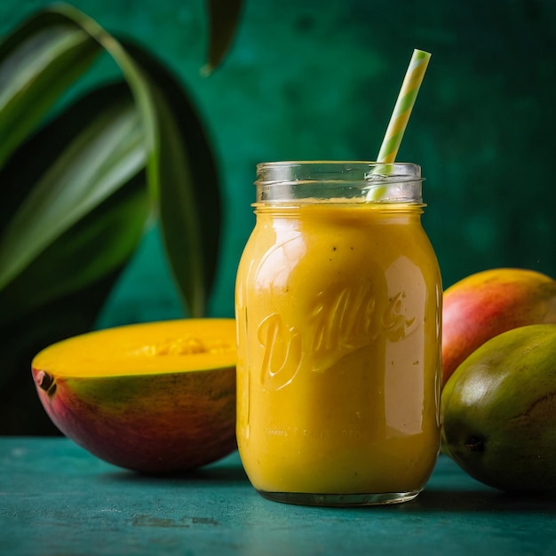 Fresh mango juice in a glass Mason jar and mango on a vintage background