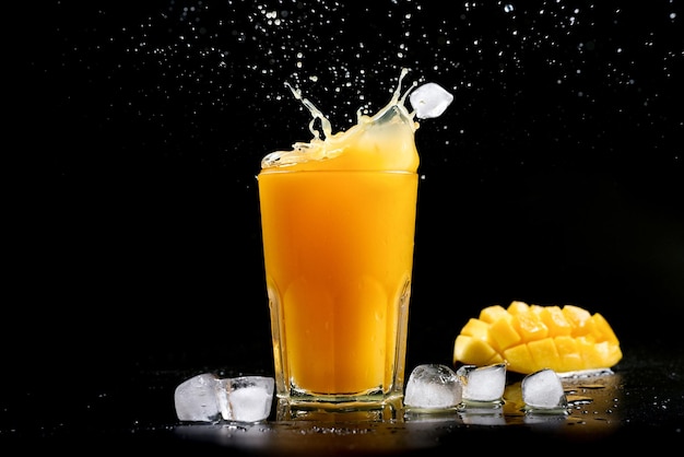 Fresh mango juice a splash of mango cocktail on a black background ice cubes fall into the mango jui