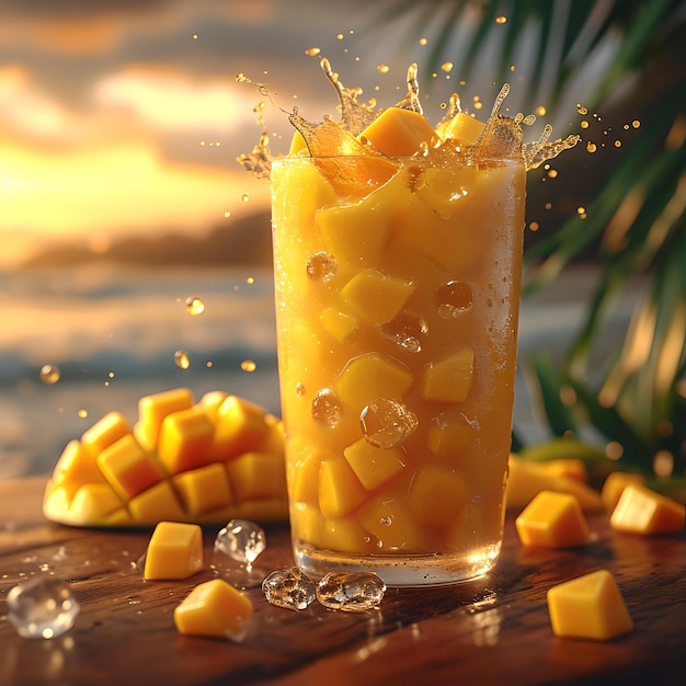 Fresh mango juice in a tall glass on a tropical beach at sunset vibrant summer drink image refreshing fruit beverage generative AI