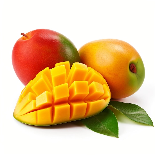 fresh mango Mango fruit with mango cubes and leaves isolated on a white background