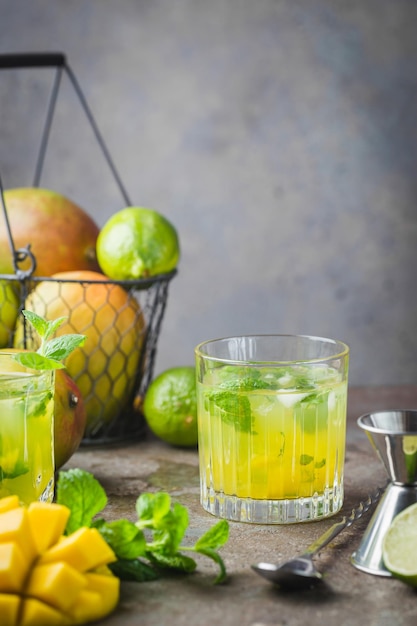 Fresh mango mojito cocktail with lime and mint in a glass