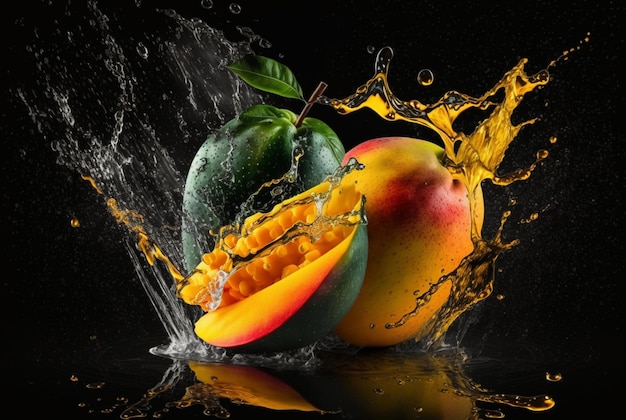 Fresh mango with water splash isolated on black background generative ai