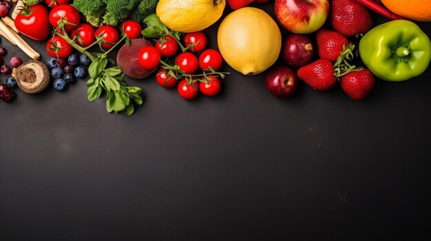 Fresh market fruits and vegetables top view flat lay