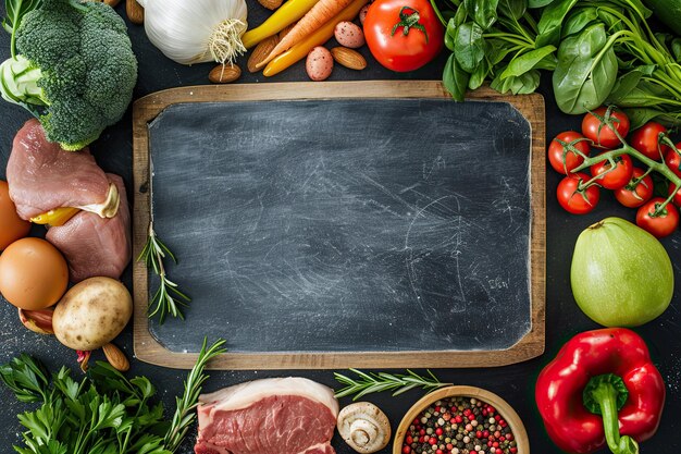 Photo fresh meat with vegetables on a chalkboard background