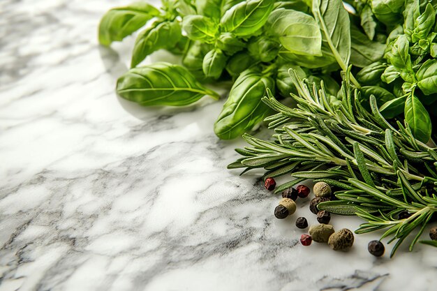 Photo fresh mediterranean herbs on a marble countertop