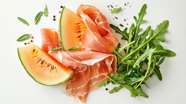 Photo fresh melon slice with prosciutto and arugula on white plate