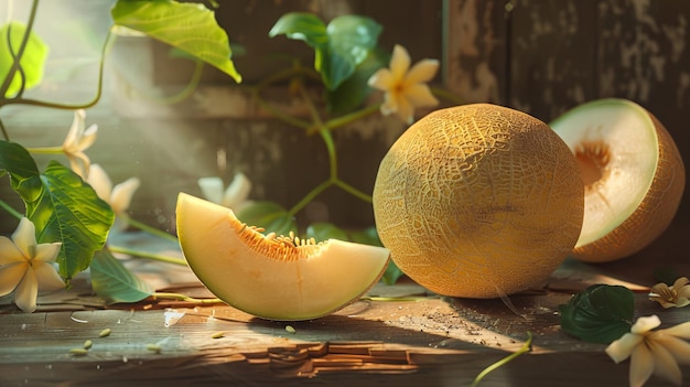 Fresh melon slices on a rustic wooden table under soft natural light The image showcases a summery and fresh vibe Ideal for culinary health and lifestyle content Beautiful composition and realism AI