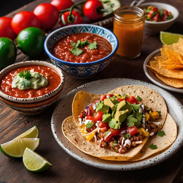 Fresh mexican food with dip on the table