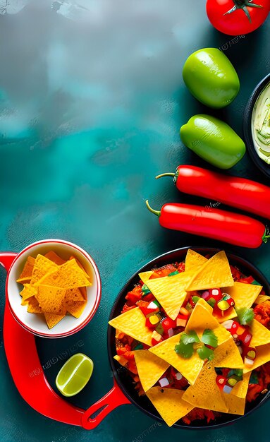 Fresh mexican food with nachos ingredients for cooking mexican dishes with empty copy space