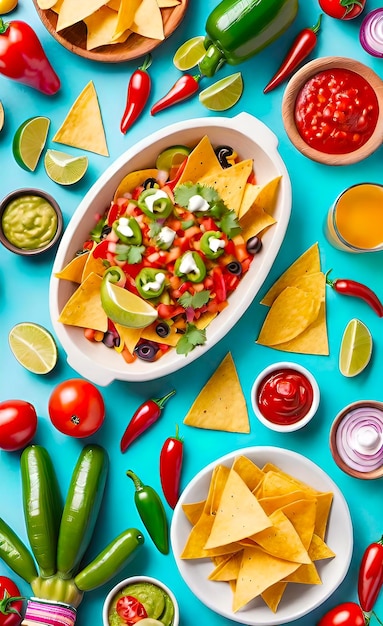 Fresh mexican food with nachos ingredients for cooking mexican dishes with empty copy space