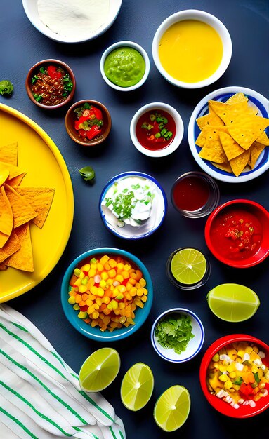 Fresh mexican food with nachos ingredients for cooking mexican dishes with empty copy space