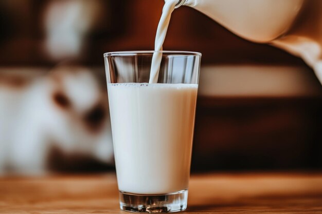 Photo fresh milk being poured into a glass on a wooden table with blurred background