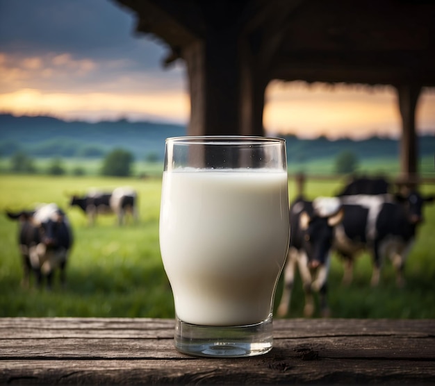 Fresh milk in glass on dark wooden table and blurred landscape with cow on meadow