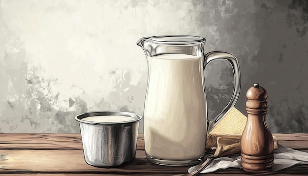 Photo fresh milk in a glass pitcher with a bowl nearby on a rustic wooden table