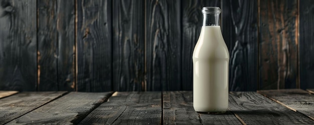 Fresh milk in a transparent bottle against a black wooden background highlighting the creamy