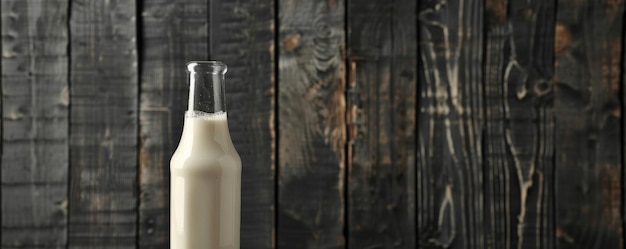 Fresh milk in a transparent bottle against a black wooden background highlighting the creamy